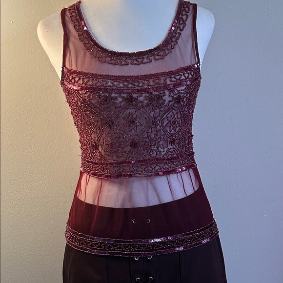 Passport Tops - Passport  Vintage 90s Burgundy Beaded and Sequined Embellished Sheer Tank Top